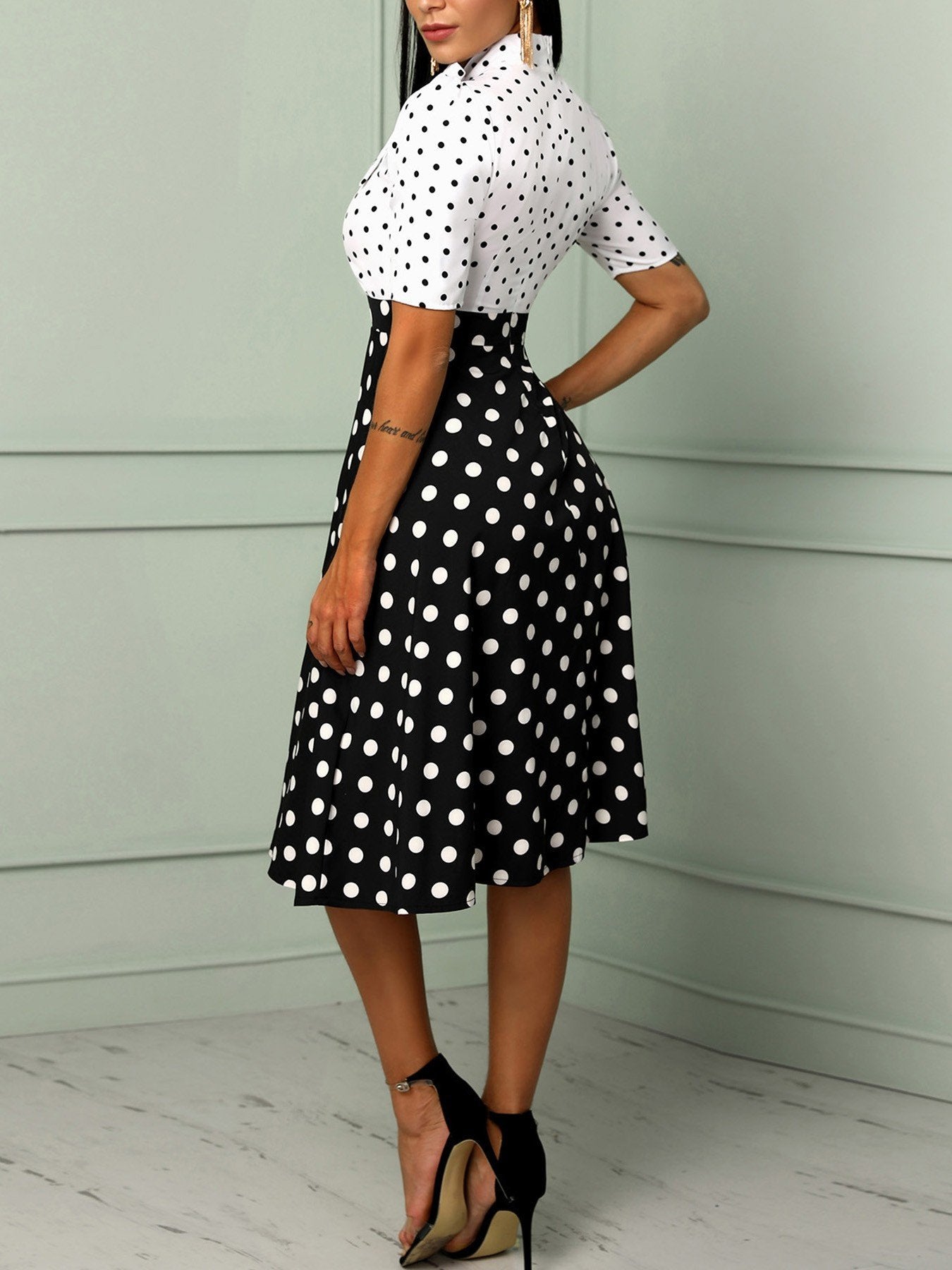 Dot Puffed Sleeve Tied Neck Casual Dress - DadHats2ow6ix