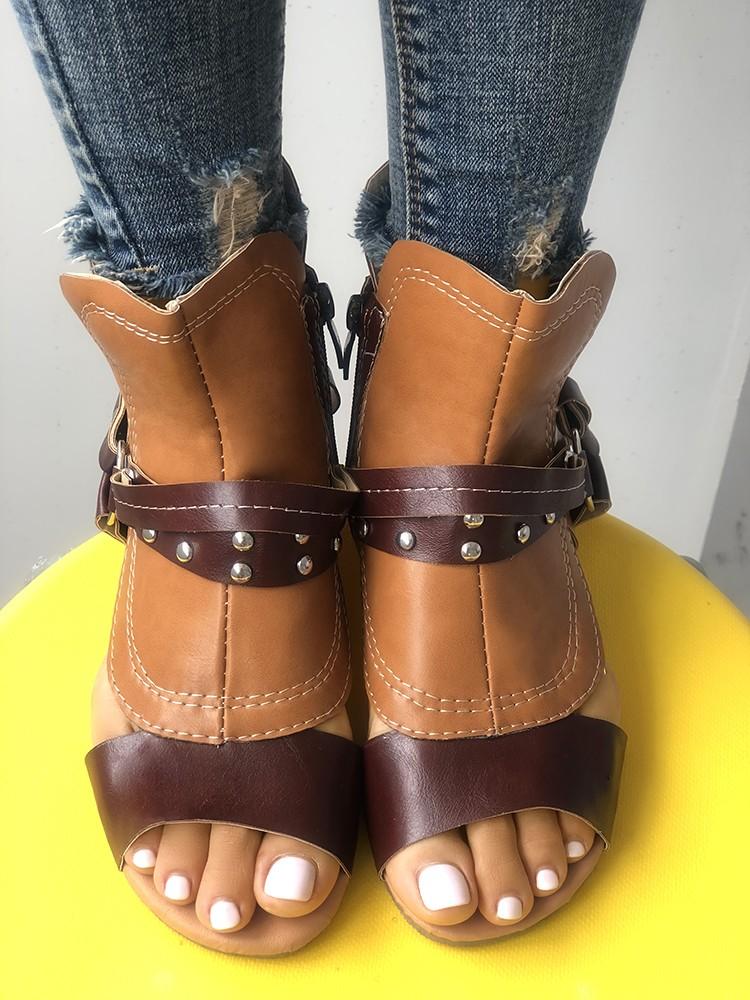 Splicing Cutout Zipper Flat Gladiator Sandals - DadHats2ow6ix