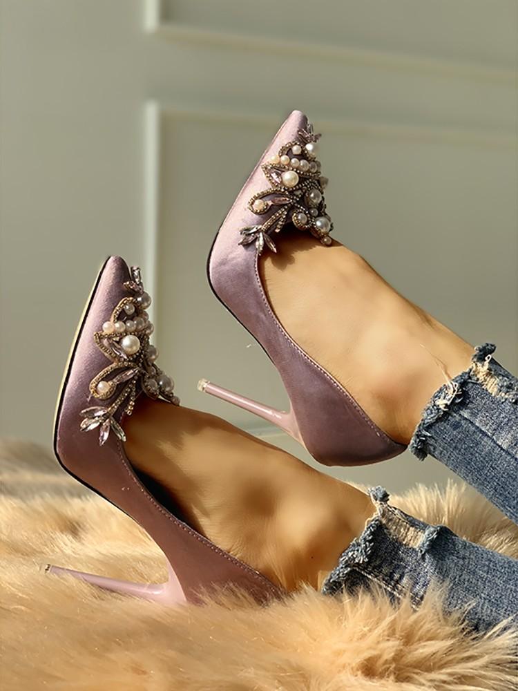 Faux Pearl Pointed Toe Stiletto Heels - DadHats2ow6ix