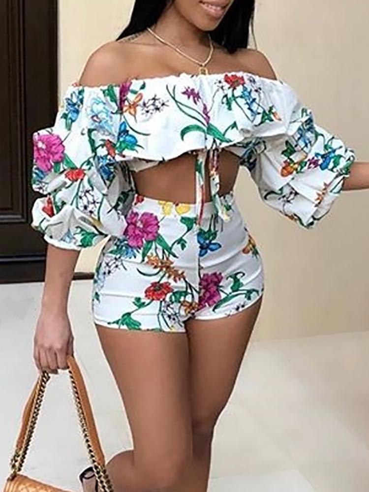 Floral Print Puff Sleeve Cropped Top&Shorts Set - DadHats2ow6ix