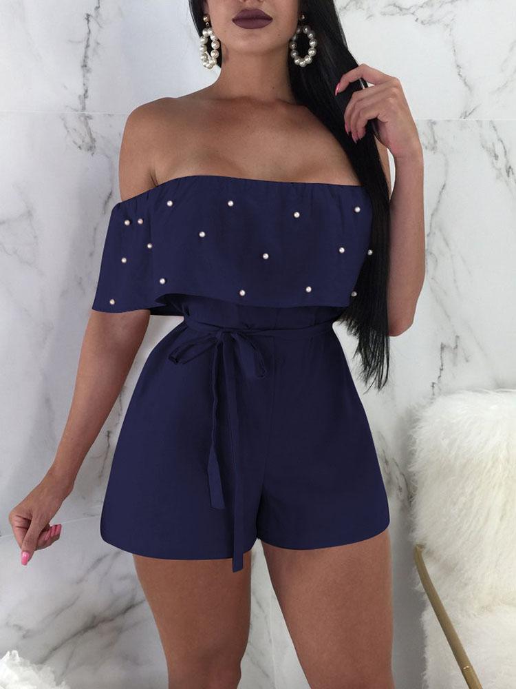 Beaded Embellished Ruffles Belted Bardot Playsuit - DadHats2ow6ix