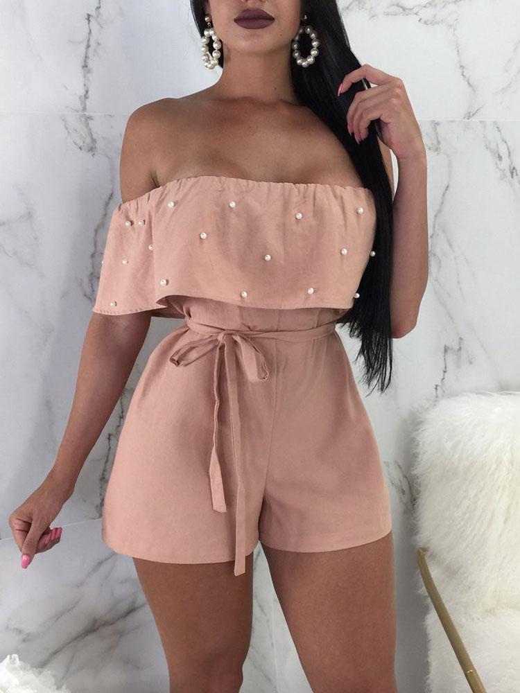 Beaded Embellished Ruffles Belted Bardot Playsuit - DadHats2ow6ix