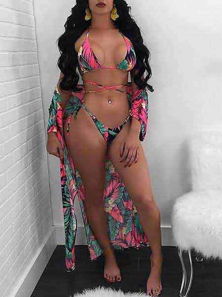 3Pcs Print Crisscross Bikini&Cover Ups Swimwear Set - DadHats2ow6ix