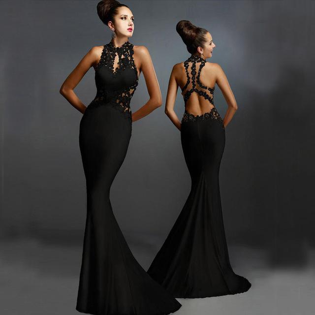 Asymmetric Lace Crochet Open Back Maxi Evening Dress - DadHats2ow6ix