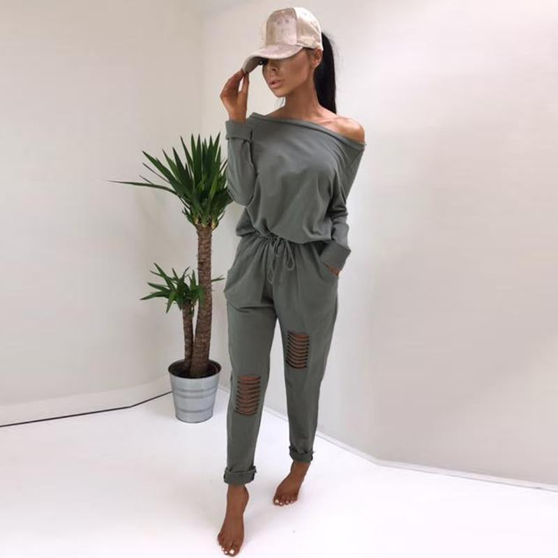 Trendy Skew Neck Drawstring Ripped Casual Jumpsuit - DadHats2ow6ix