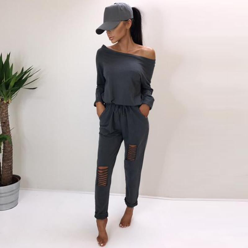 Trendy Skew Neck Drawstring Ripped Casual Jumpsuit - DadHats2ow6ix