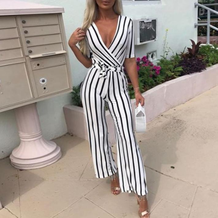 Deep V Striped Waist Belted Wide Leg Jumpsuit - DadHats2ow6ix