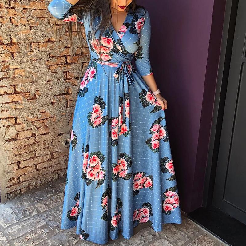 Floral Grid Pattern Belted Wrap Maxi Dress - DadHats2ow6ix