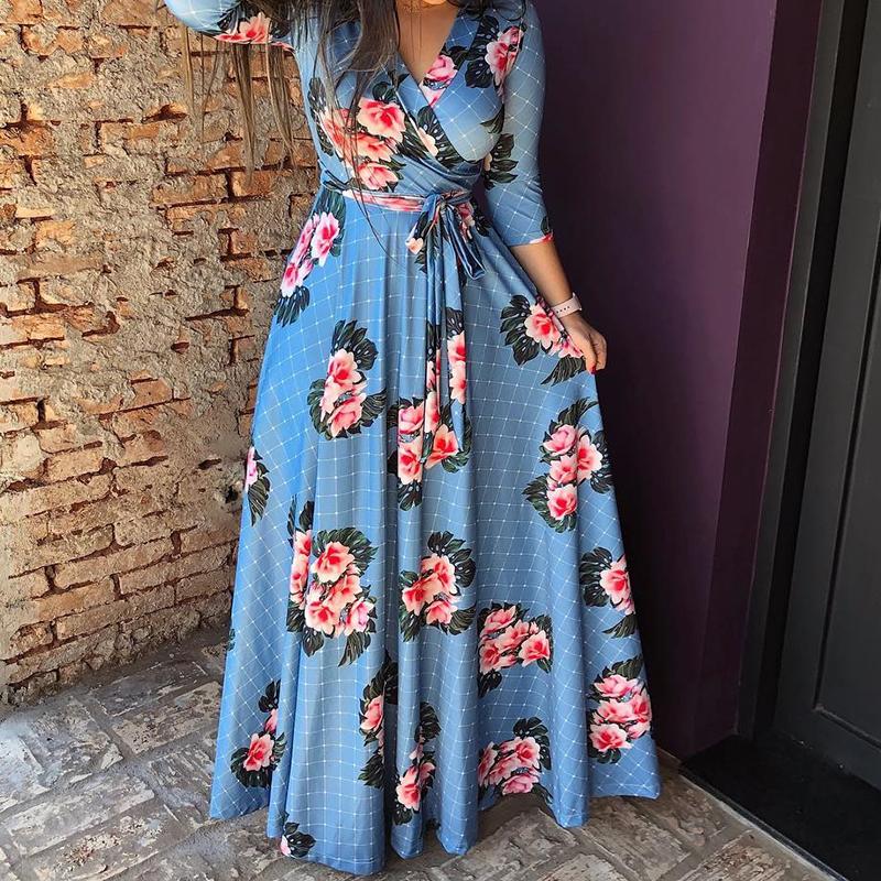 Floral Grid Pattern Belted Wrap Maxi Dress - DadHats2ow6ix