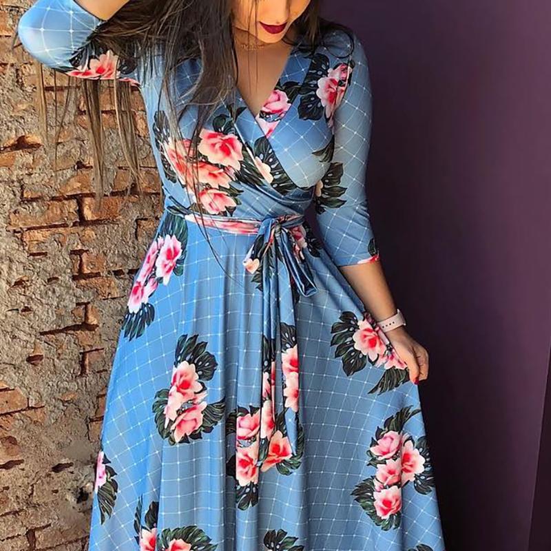 Floral Grid Pattern Belted Wrap Maxi Dress - DadHats2ow6ix