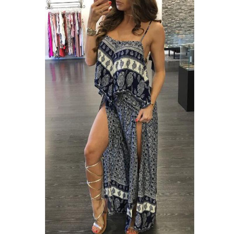 Vintage Style Ruffled High Slit Maxi Slip Dress - DadHats2ow6ix