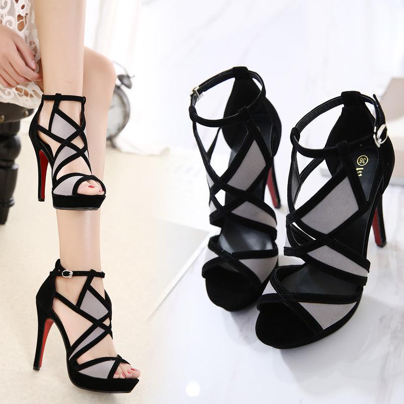 Contrast Color Caged Bandage Heeled Sandals - DadHats2ow6ix