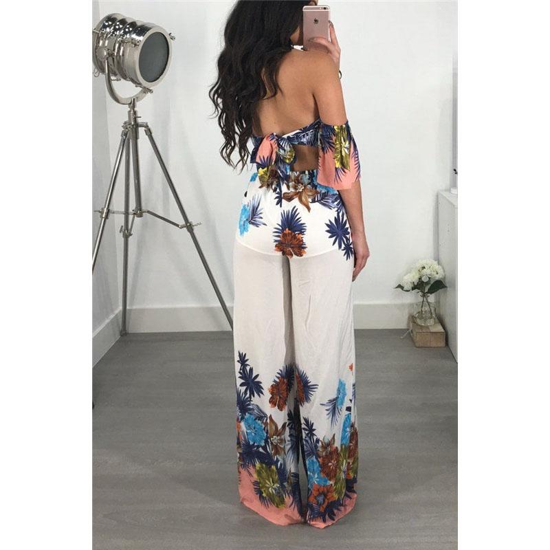 Floral Print Bell Sleeve Tie Back Wide Leg Jumpsuits - DadHats2ow6ix