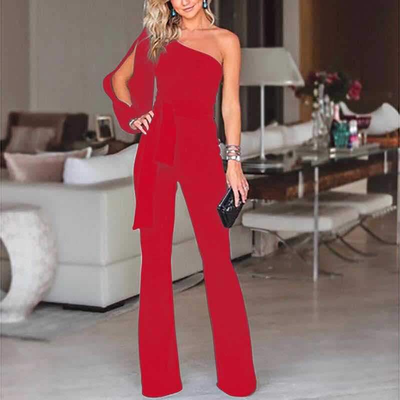 Stylish One Shoulder Slit Sleeve Black Jumpsuit - DadHats2ow6ix