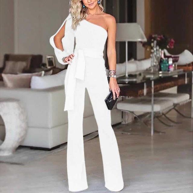 Stylish One Shoulder Slit Sleeve Black Jumpsuit - DadHats2ow6ix