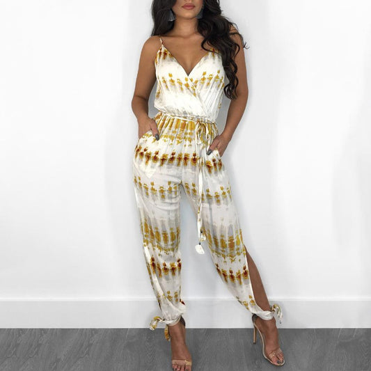 Tie Dye Print Spaghetti Strap Slit Leg Jumpsuit - DadHats2ow6ix