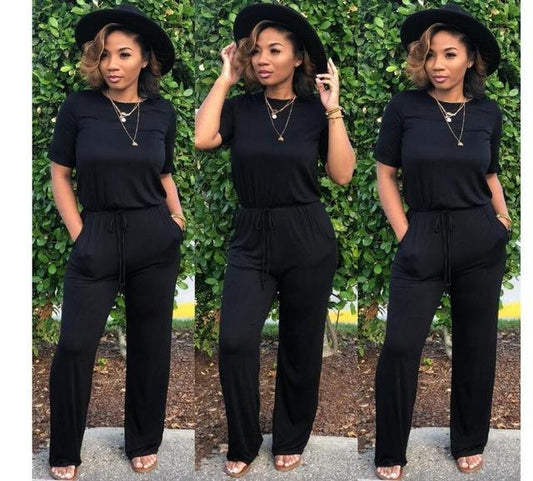 Solid Drawstring Wrapped Wide Leg Jumpsuit - DadHats2ow6ix