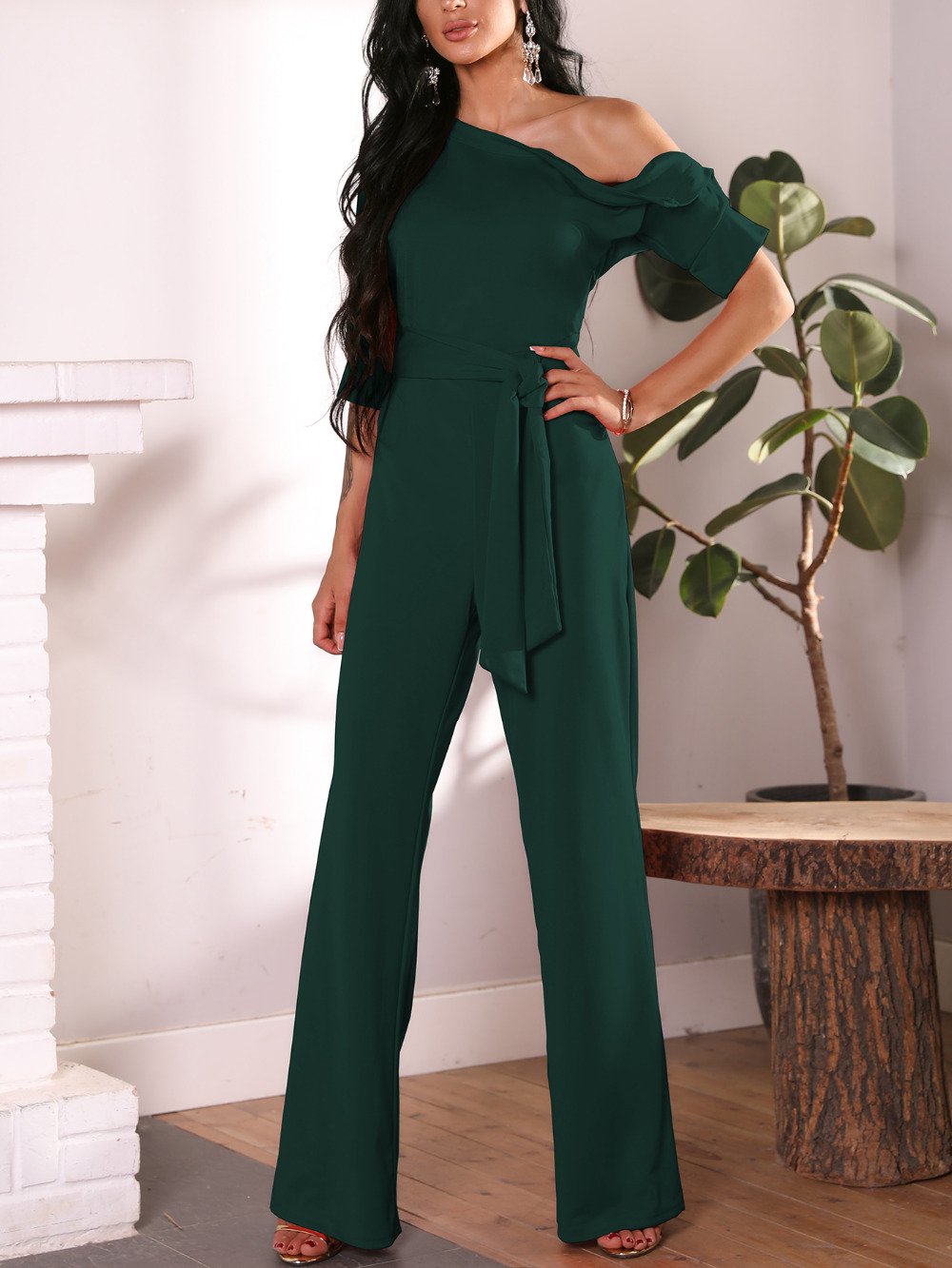 Solid One Shoulder Tied Waist Flared Jumpsuit - DadHats2ow6ix