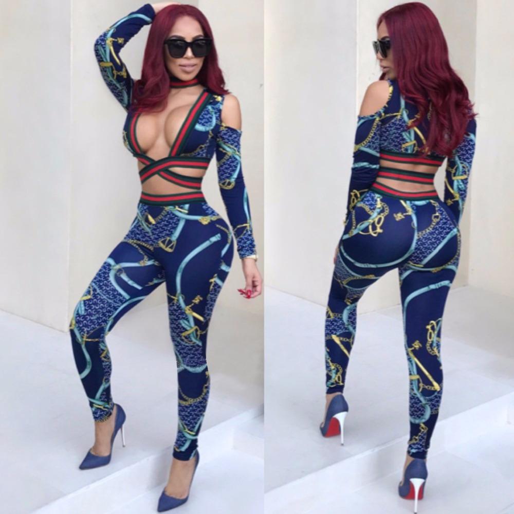 Contrast Striped Digital Print Skew Neck Pantsuit - DadHats2ow6ix